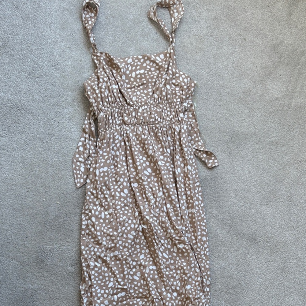 Pink Lily Tan & White Polka Dot Dress